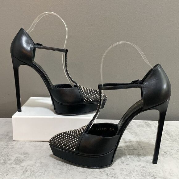 Saint Laurent Paris Black Leather Janis Studded T Strap Platform Pumps Size 37.5 - Picture 2 of 16